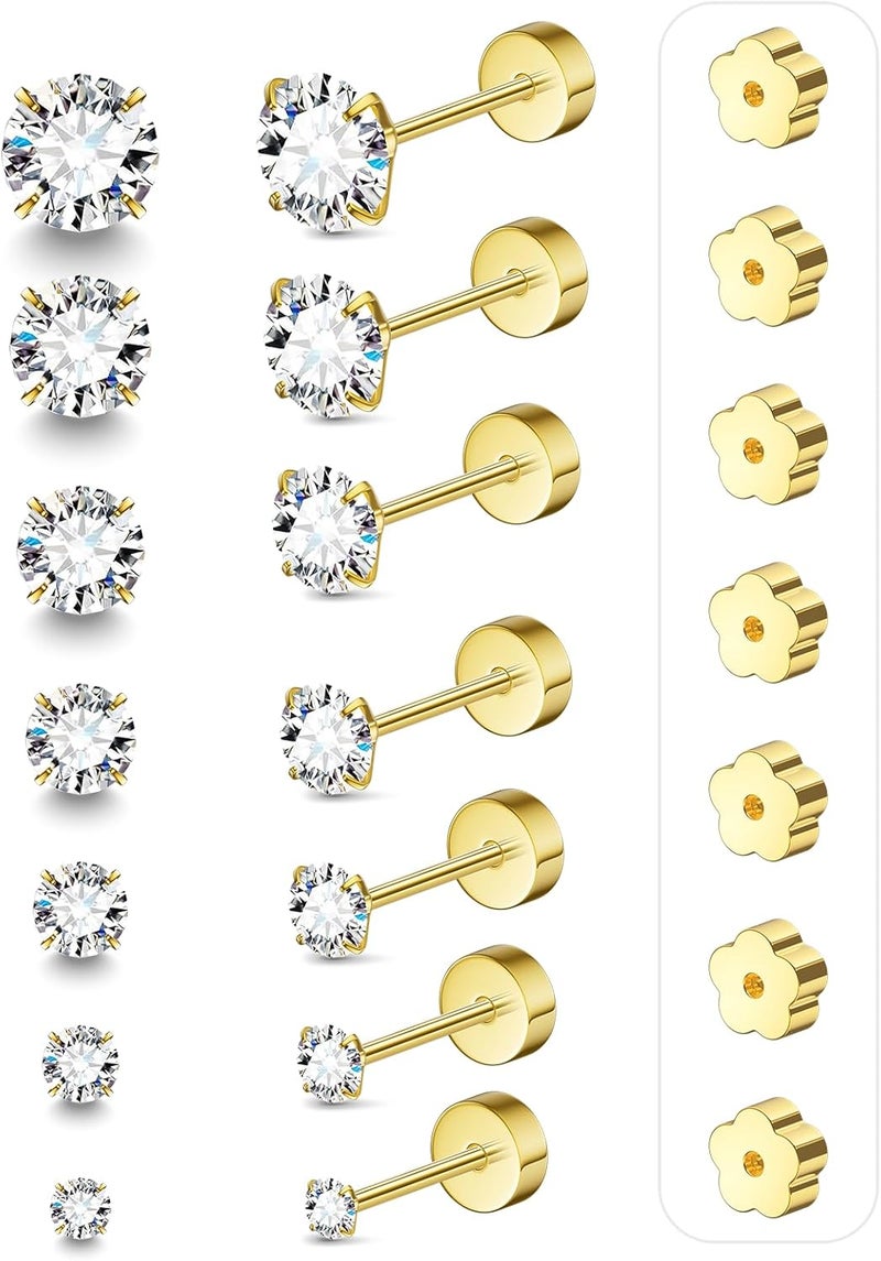 davka 7 Pairs 20G Flat Back Stud Earrings for Women Men Hypoallergenic 14K Gold Plated Surgical Steel Stack Cartilage Earrings for Multiple Piercing Sensitive Ears Bonus Plum Blossom FlatBack Studs CZ 2-8mm - Image 1